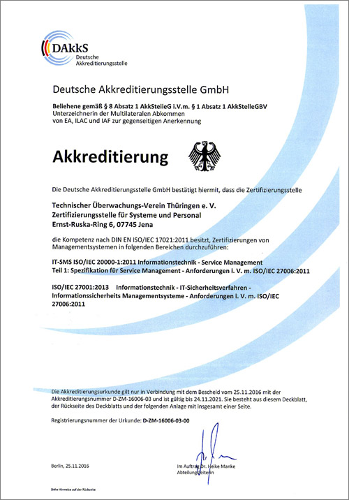 Аттестат аккредитации органа по сертификации TÜV Thüringen e.V. по ISO/IEC 27001