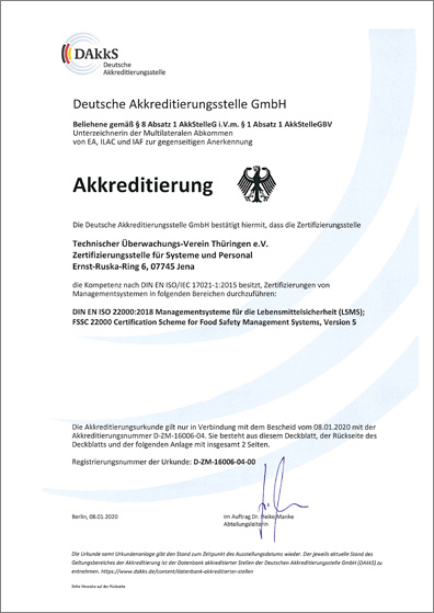 Аттестат аккредитации органа по сертификации TÜV Thüringen e.V. по ISO 22000 и FSSC 22000