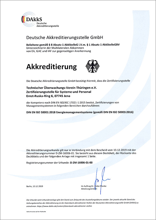 Аттестат аккредитации органа по сертификации TÜV Thüringen по ISO 50001:2018